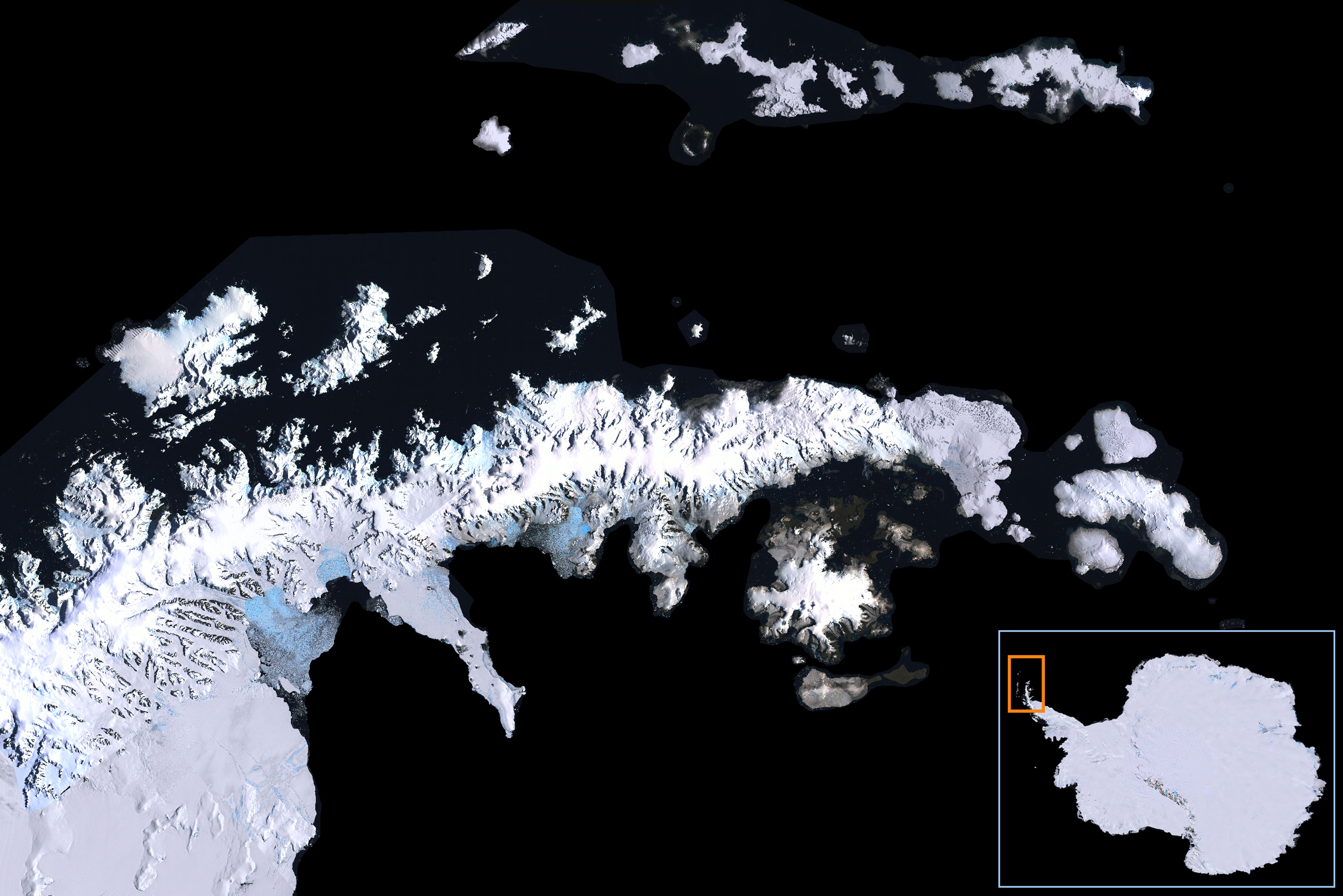 Satellite basemap of the Antarctic Peninsula showing voyage locations.